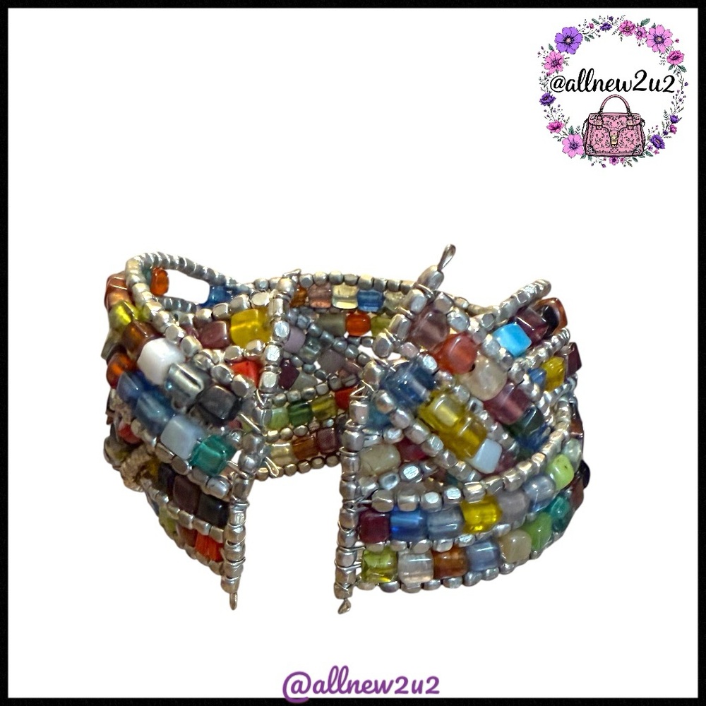 Handmade Boho Multicolor Beaded Cuff Bracelet - Picture 6 of 11